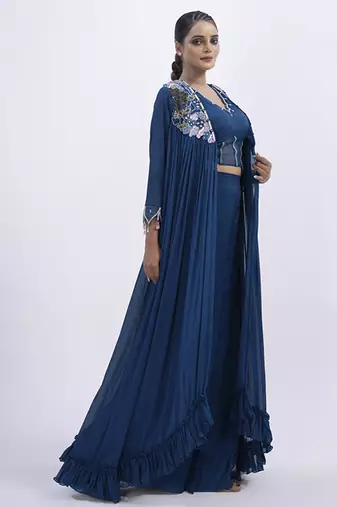 Blue organza plain skirt with cape & blouse