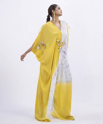 Green satin printed kaftan detachable belt 1