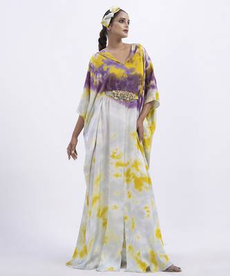 Green satin printed kaftan detachable belt 2