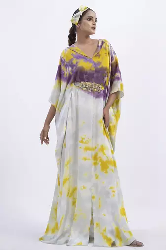 Green satin printed kaftan detachable belt