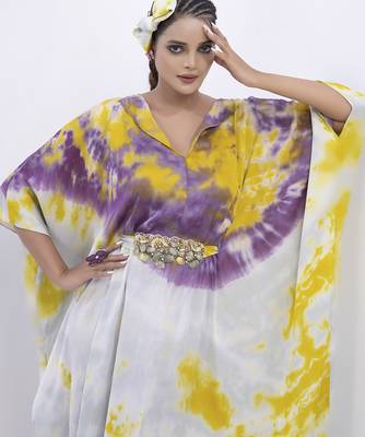 Green satin printed kaftan detachable belt 3