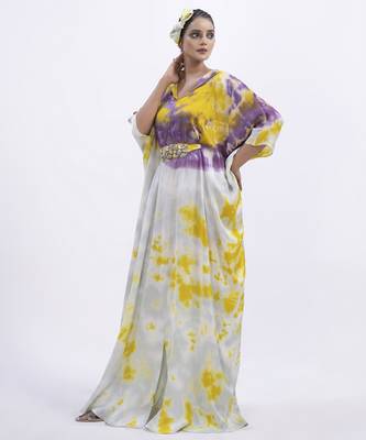 Green satin printed kaftan detachable belt 4