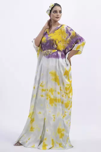 Green satin printed kaftan detachable belt