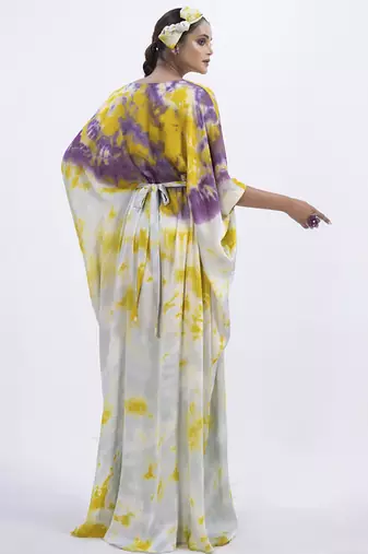 Green satin printed kaftan detachable belt
