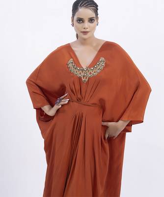 Orange crepe plain kaftan 1