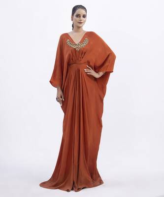Orange crepe plain kaftan 2