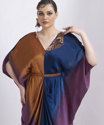 Orange satin plain kaftan detachable belt 1