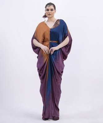 Orange satin plain kaftan detachable belt 2