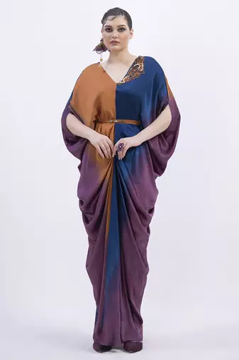 Orange satin plain kaftan detachable belt