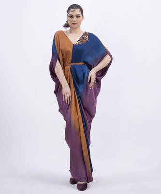 Orange satin plain kaftan detachable belt 3