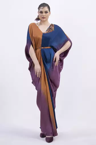 Orange satin plain kaftan detachable belt