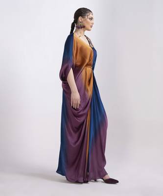 Orange satin plain kaftan detachable belt 4