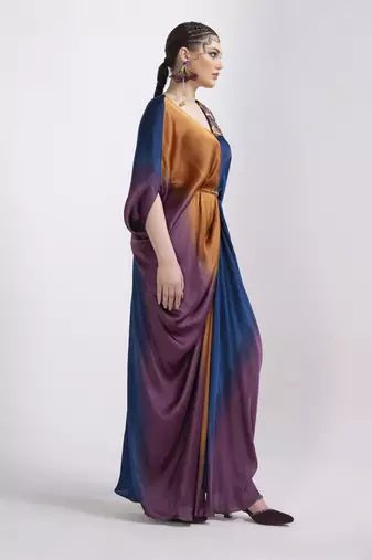 Orange satin plain kaftan detachable belt