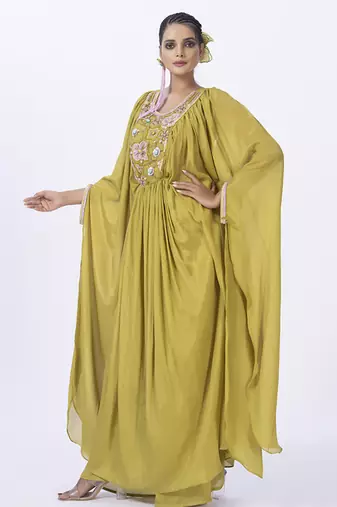 Green chanderi plain kaftan with inner