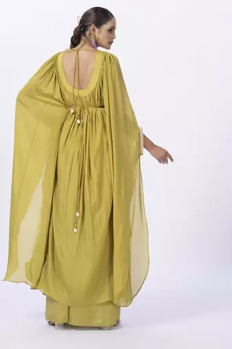 Green chanderi plain kaftan with inner