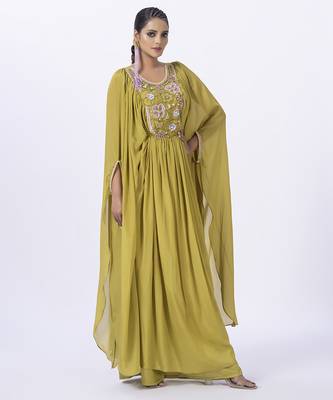 Green chanderi plain kaftan with inner 5