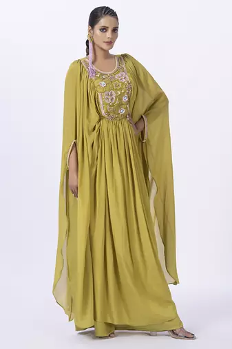 Green chanderi plain kaftan with inner