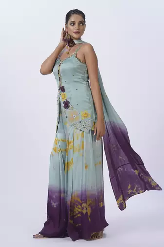 Green satin embroidered kurta set
