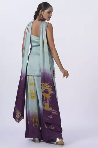 Green satin embroidered kurta set