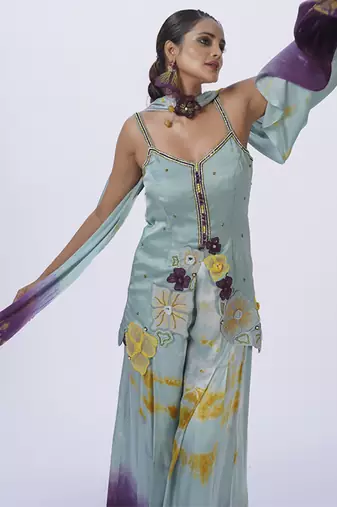 Green satin embroidered kurta set