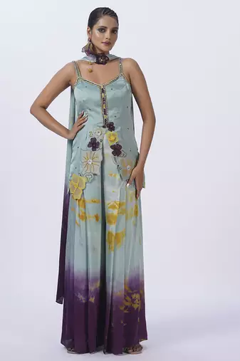 Green satin embroidered kurta set