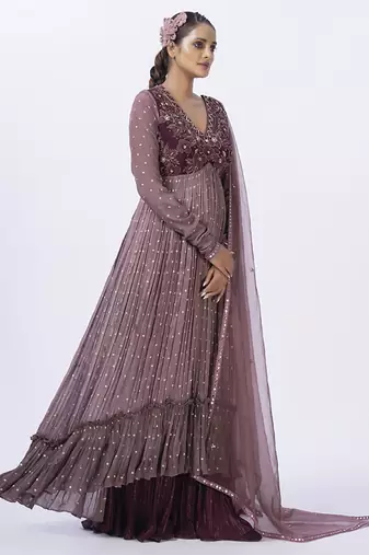 Wine organza embroidered gharara sets