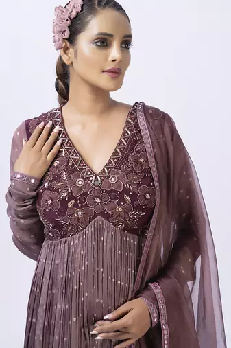 Wine organza embroidered gharara sets