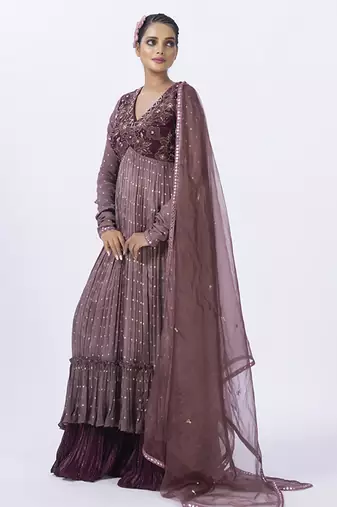 Wine organza embroidered gharara sets