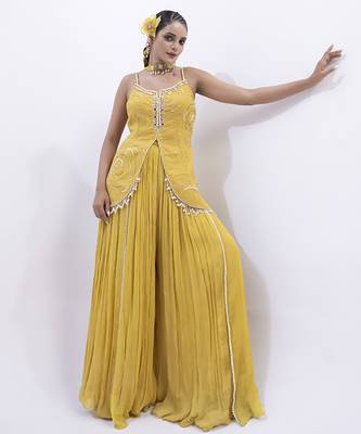 Yellow organza embroidered sharara with top & dupatta 1