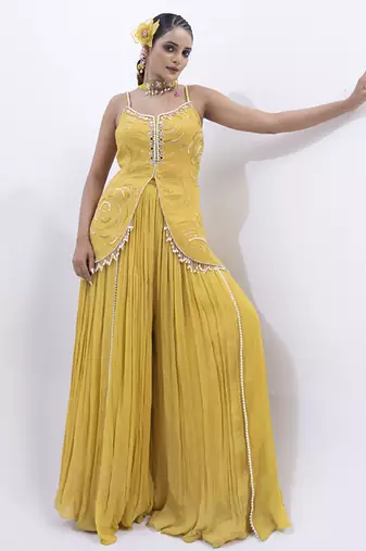 Yellow organza embroidered sharara with top & dupatta