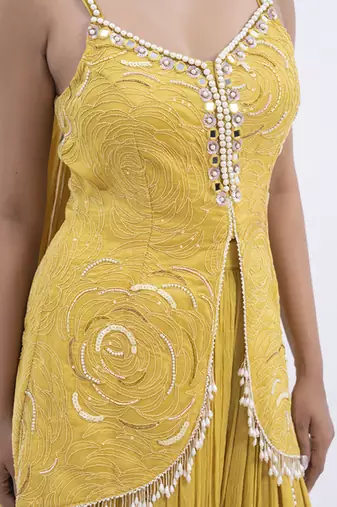 Yellow organza embroidered sharara with top & dupatta