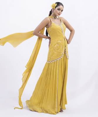 Yellow organza embroidered sharara with top & dupatta 3