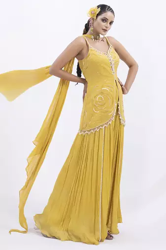 Yellow organza embroidered sharara with top & dupatta
