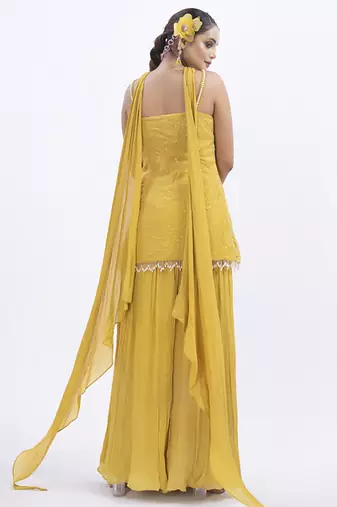 Yellow organza embroidered sharara with top & dupatta