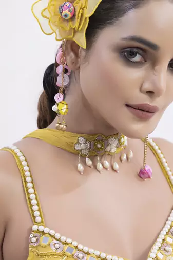 Yellow organza embroidered sharara with top & dupatta