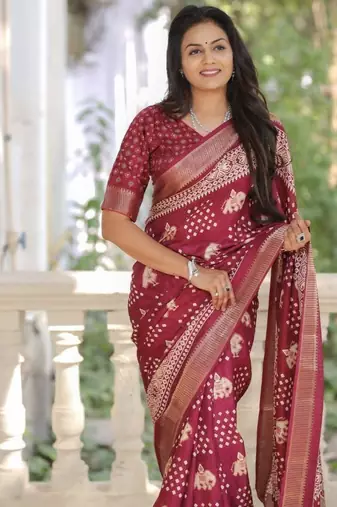 Soft chanderi with hand-block printed saree with blouse piece