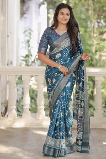 Soft chanderi with hand-block printed saree with blouse piece