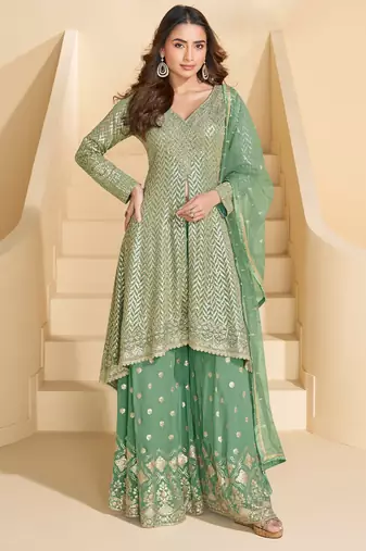 Green embroidered georgette palazzo salwar suit