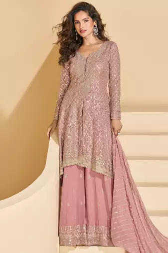 Pink embroidered georgette palazzo style salwar suit