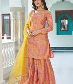 Multicolour chinon silk with heavy embroidery sharara suit