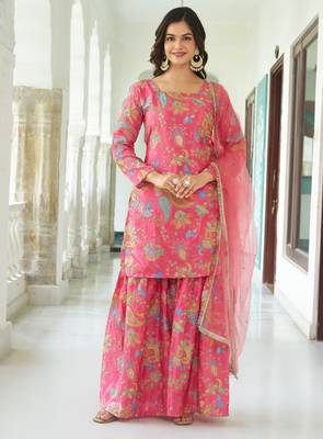 Multicolour chinon silk with embroidery sharara suit 1