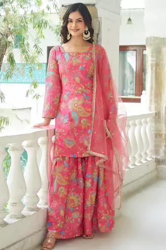 Multicolour chinon silk with embroidery sharara suit