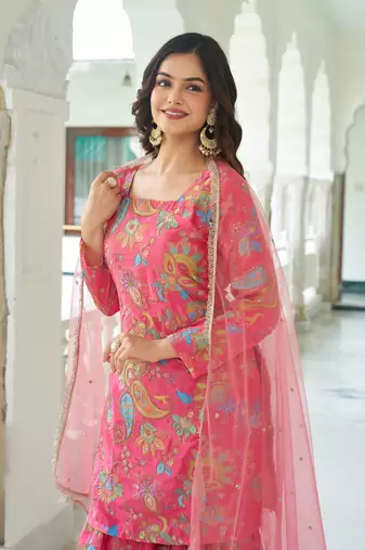 Multicolour chinon silk with embroidery sharara suit