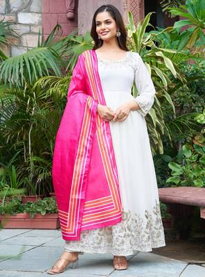 Off white faux georgette embroidery work gown 1