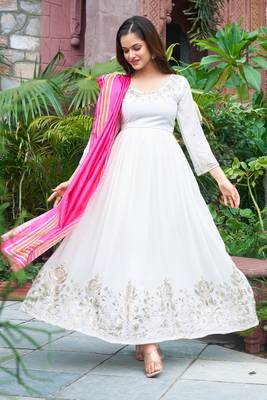 Off white faux georgette embroidery work gown 3