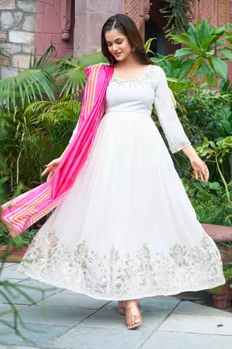 Off white faux georgette embroidery work gown