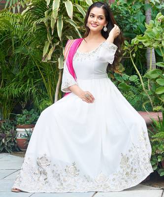 Off white faux georgette embroidery work gown 4