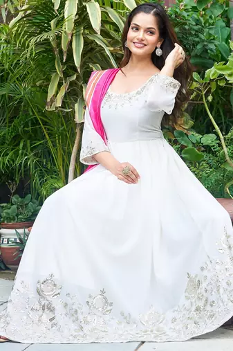 Off white faux georgette embroidery work gown
