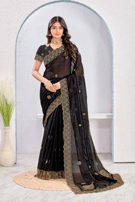 Black zari embroidered silk blend saree with blouse piece 1