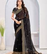 Black zari embroidered silk blend saree with blouse piece